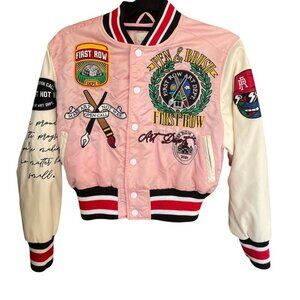 First Row Pen & Brush Cropped Varsity Jacket Pink White Patches Sz S